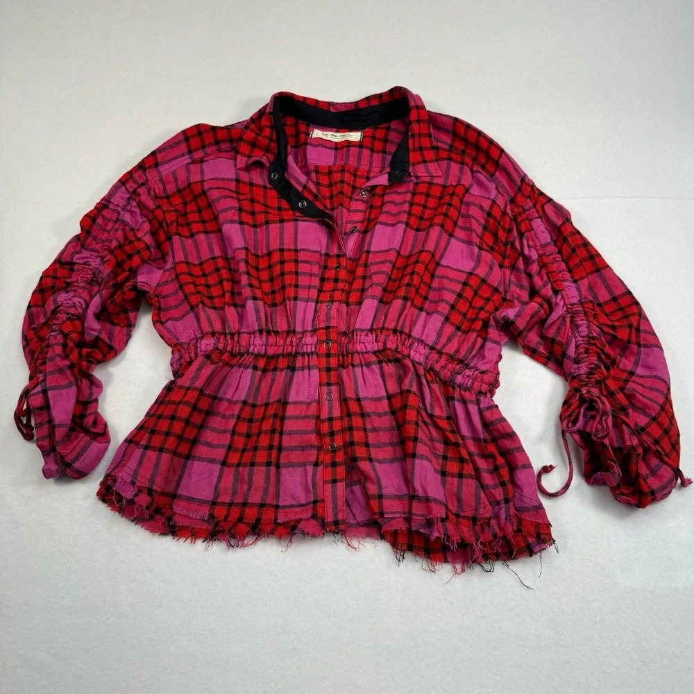We The Free Free People Plaid Peplum Top Womens Size Large Drawstring Sleeves